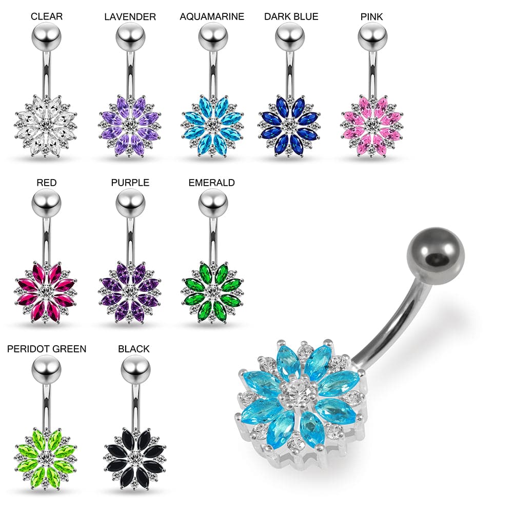 925 Sterling Silver Multi CZ Jewelled Lesser Calendine Flower Design Belly Ring Clear Clear Lavender Aqua Dark Blue Pink Purple Emerald Black Peridot