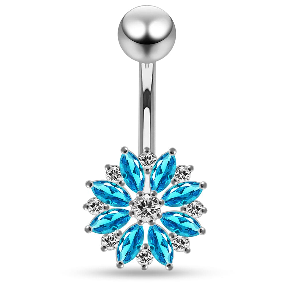 925 Sterling Silver Multi CZ Jewelled Lesser Calendine Flower Design Belly Ring Clear Clear Lavender Aqua Dark Blue Pink Purple Emerald Black Peridot
