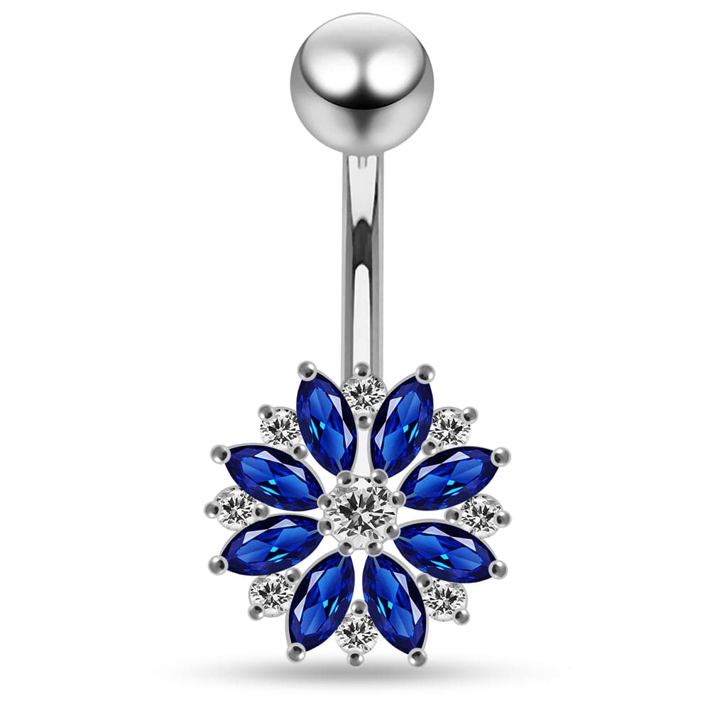 925 Sterling Silver Multi CZ Jewelled Lesser Calendine Flower Design Belly Ring Clear Clear Lavender Aqua Dark Blue Pink Purple Emerald Black Peridot