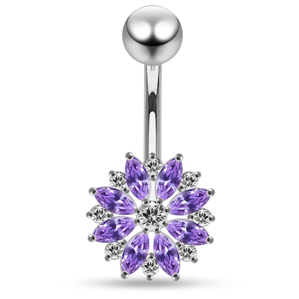 925 Sterling Silver Multi CZ Jewelled Lesser Calendine Flower Design Belly Ring Clear Clear Lavender Aqua Dark Blue Pink Purple Emerald Black Peridot