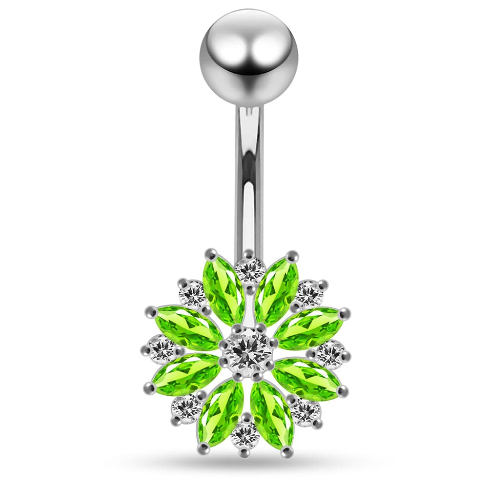 925 Sterling Silver Multi CZ Jewelled Lesser Calendine Flower Design Belly Ring Clear Clear Lavender Aqua Dark Blue Pink Purple Emerald Black Peridot