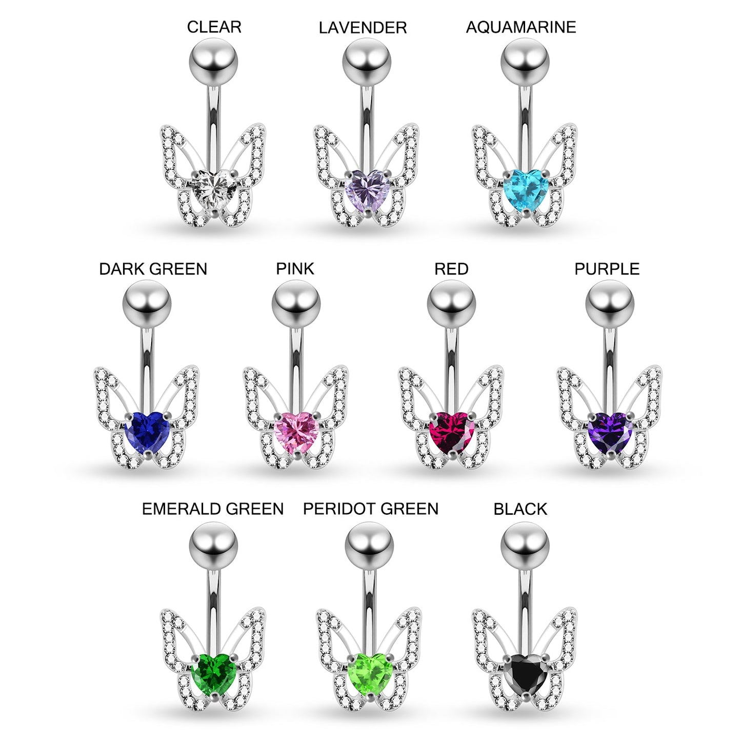 925 Sterling Silver Heart CZ Jewelled Butterfly Non Dangle Belly Button Ring - Monster Piercing