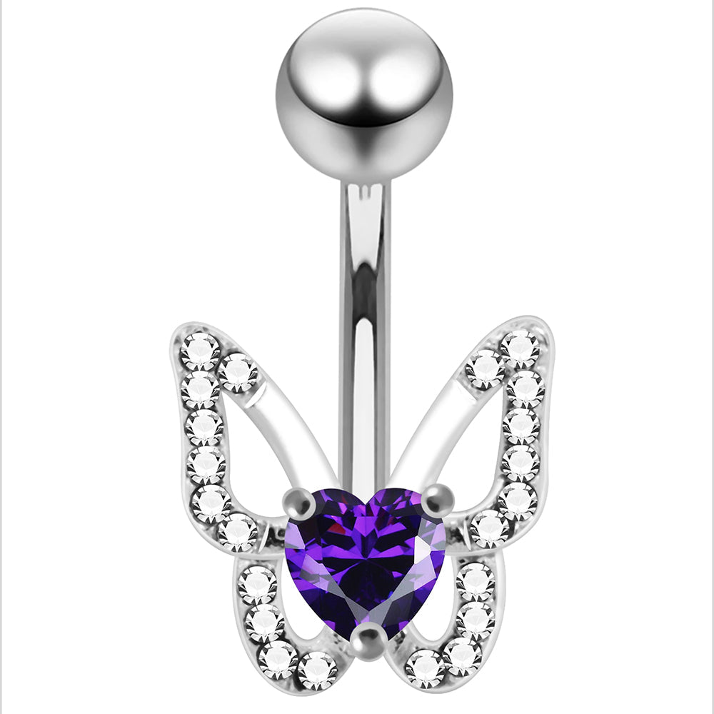 925 Sterling Silver Heart CZ Jewelled Butterfly Non Dangle Belly Button Ring - Monster Piercing