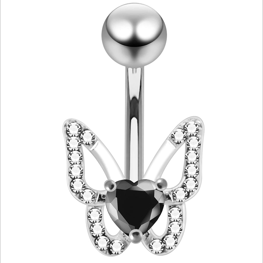 925 Sterling Silver Heart CZ Jewelled Butterfly Non Dangle Belly Button Ring - Monster Piercing