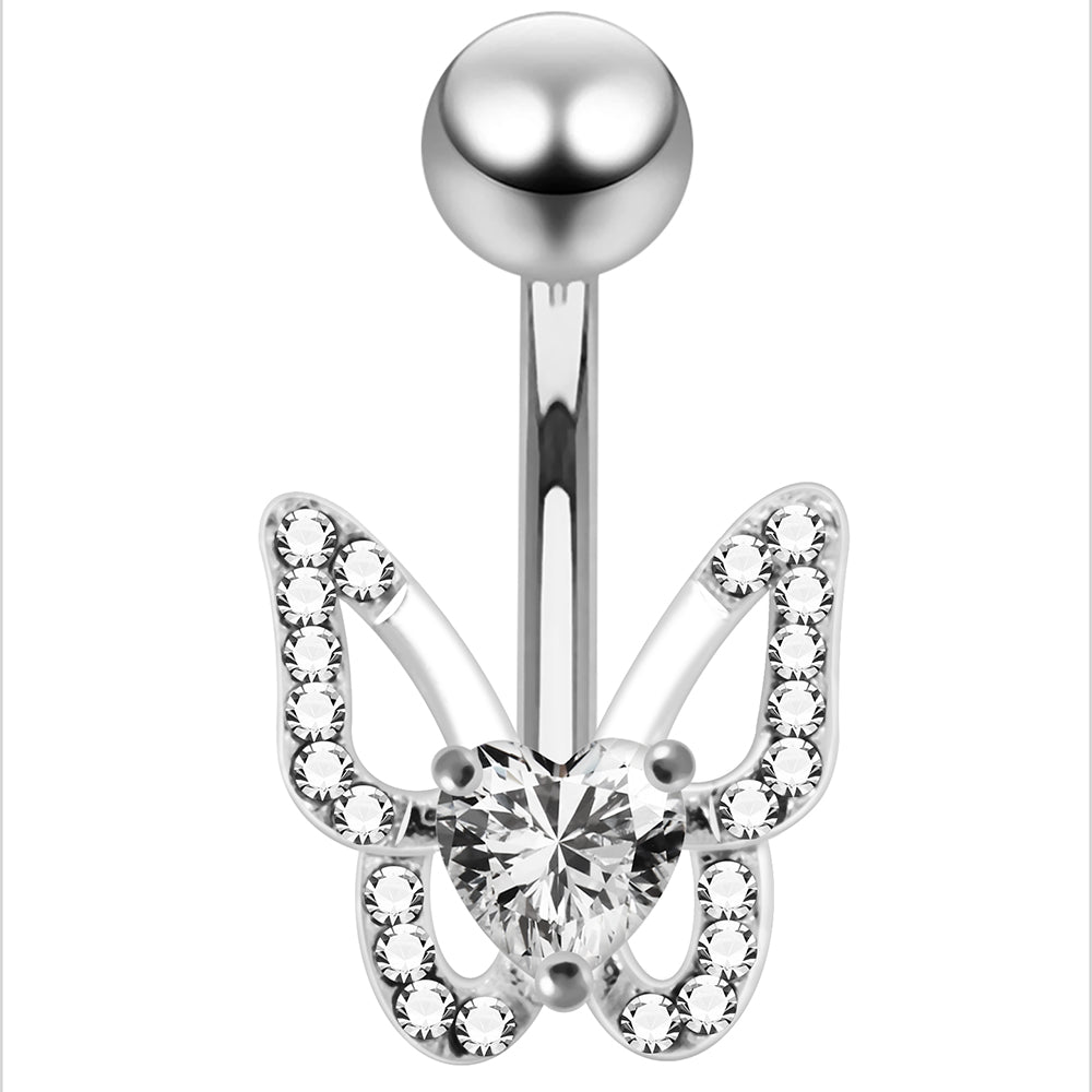 925 Sterling Silver Heart CZ Jewelled Butterfly Non Dangle Belly Button Ring - Monster Piercing