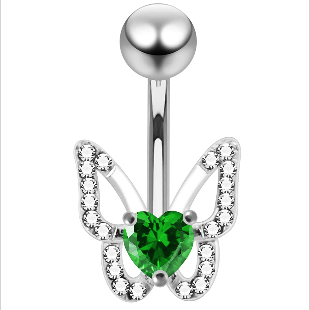 925 Sterling Silver Heart CZ Jewelled Butterfly Non Dangle Belly Button Ring - Monster Piercing