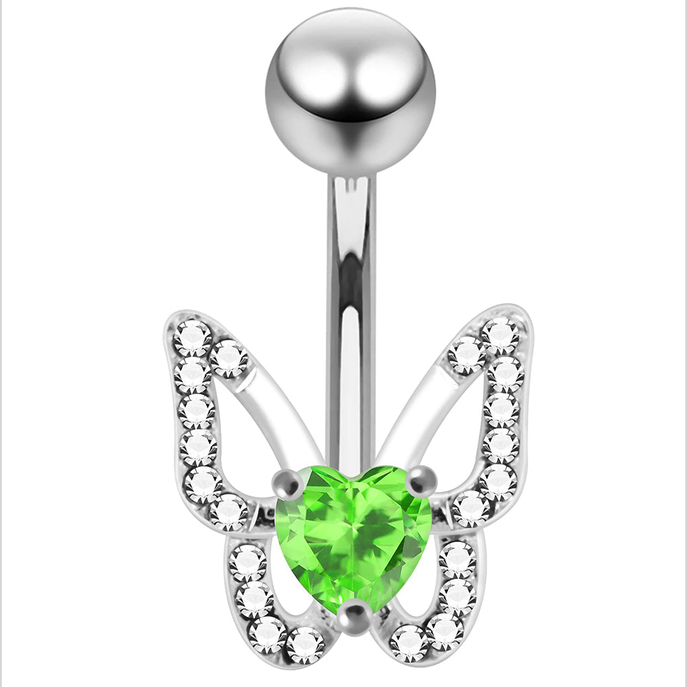 925 Sterling Silver Heart CZ Jewelled Butterfly Non Dangle Belly Button Ring - Monster Piercing