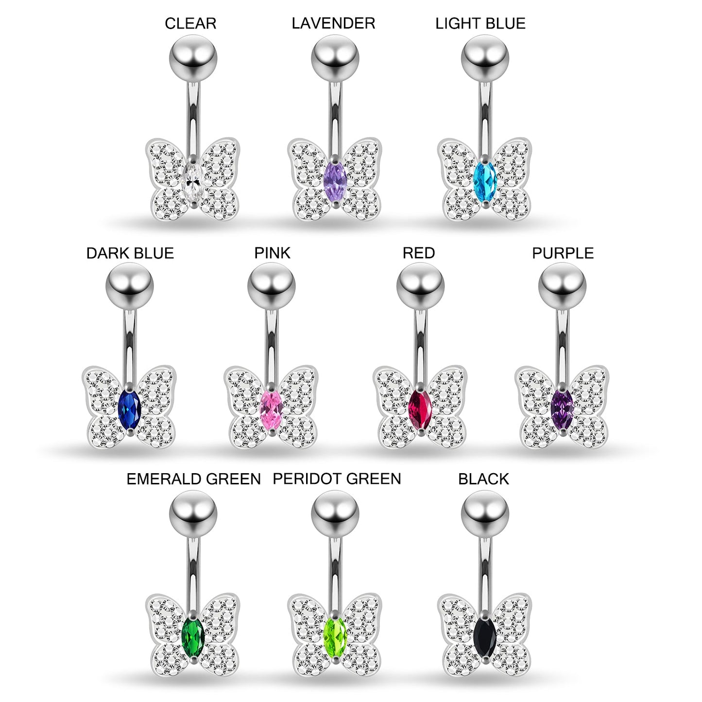 925 Sterling Silver CZ Jewelled Butterfly Non Dangle Belly Button Ring - Monster Piercing
