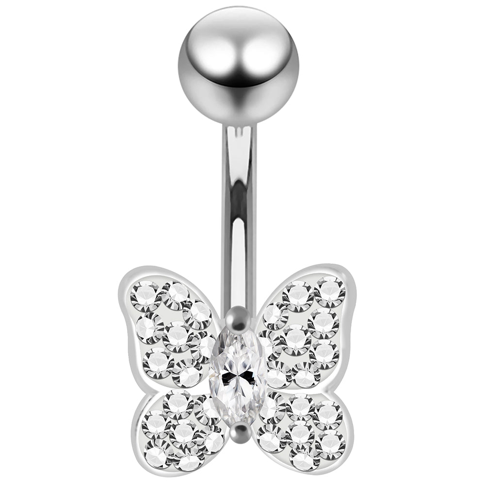 925 Sterling Silver CZ Jewelled Butterfly Non Dangle Belly Button Ring - Monster Piercing