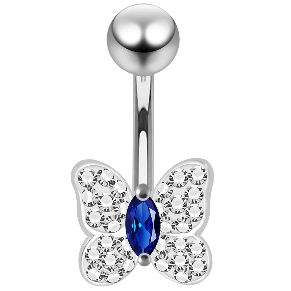 925 Sterling Silver CZ Jewelled Butterfly Non Dangle Belly Button Ring - Monster Piercing