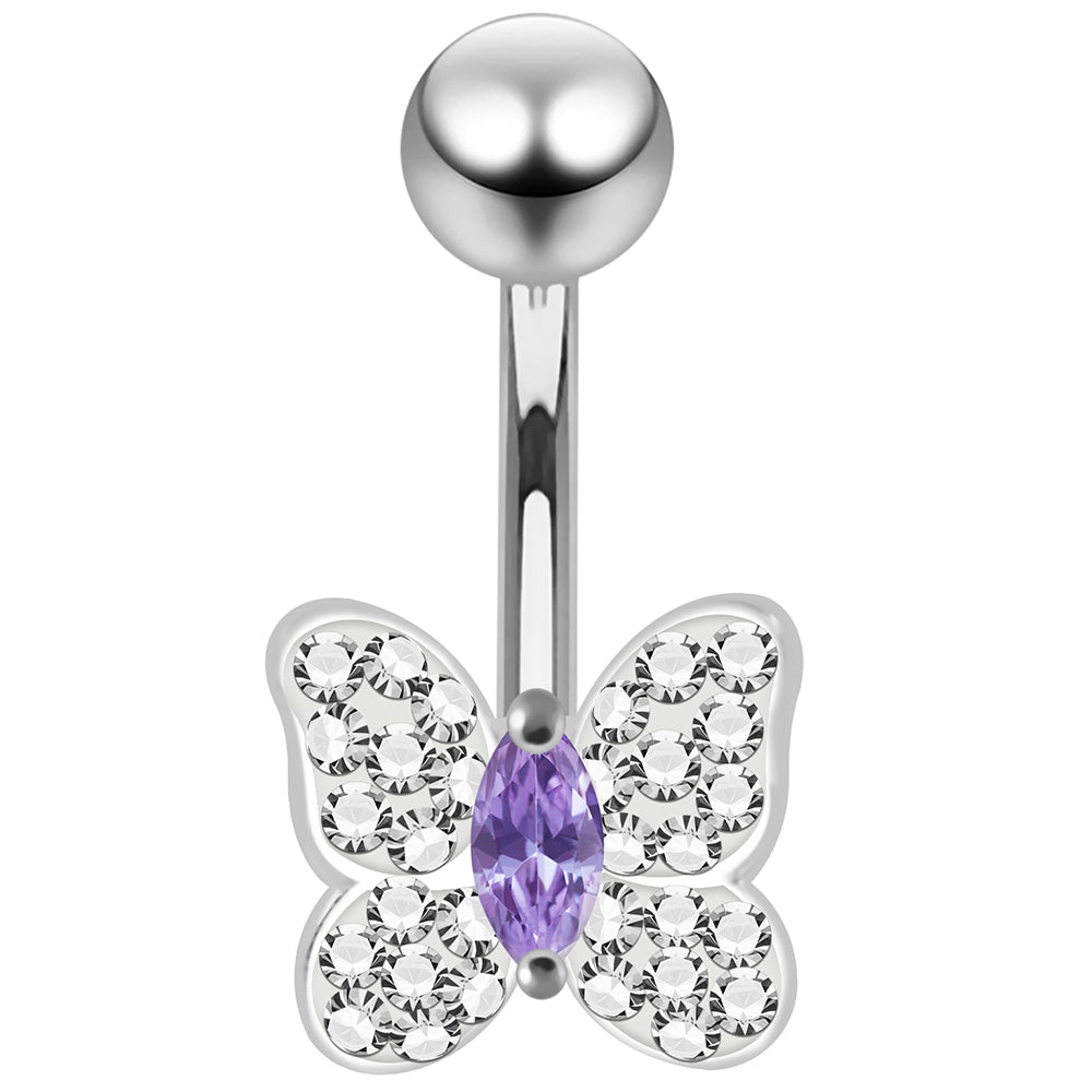 925 Sterling Silver CZ Jewelled Butterfly Non Dangle Belly Button Ring - Monster Piercing