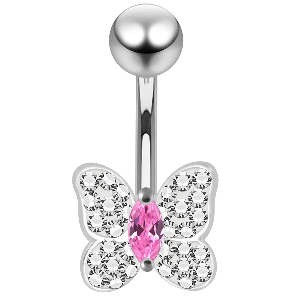 925 Sterling Silver CZ Jewelled Butterfly Non Dangle Belly Button Ring - Monster Piercing