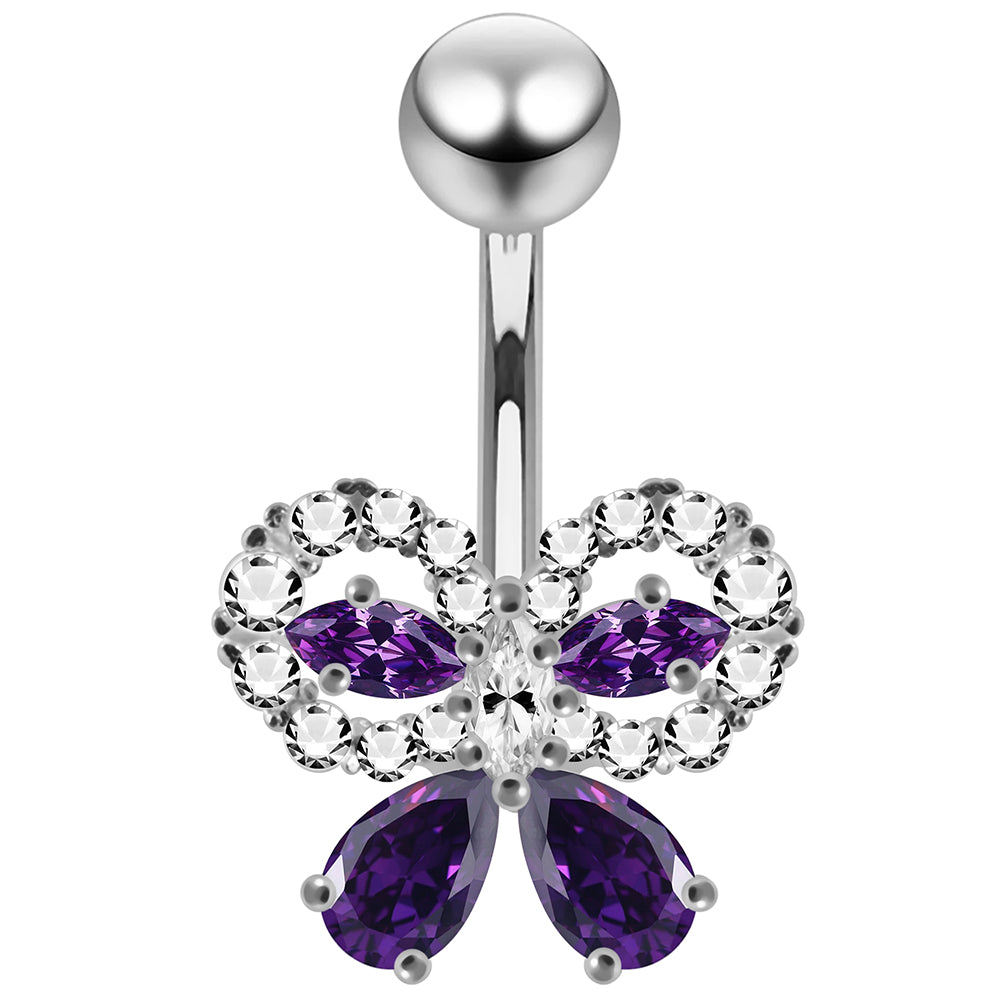 925 Sterling Silver CZ Jewelled Elegant Bow Non Dangle Belly Button Ring - Monster Piercing
