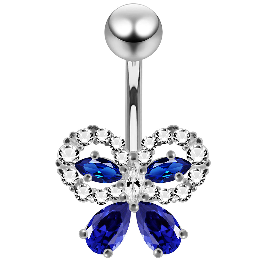 925 Sterling Silver CZ Jewelled Elegant Bow Non Dangle Belly Button Ring - Monster Piercing