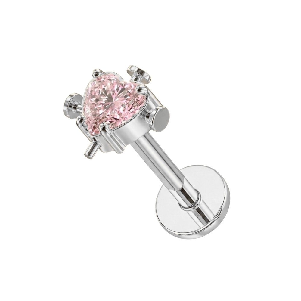 Silver-tone G23 titanium threadless labret stud featuring a pink heart cubic zirconia, perfect for flat back body jewelry styles.