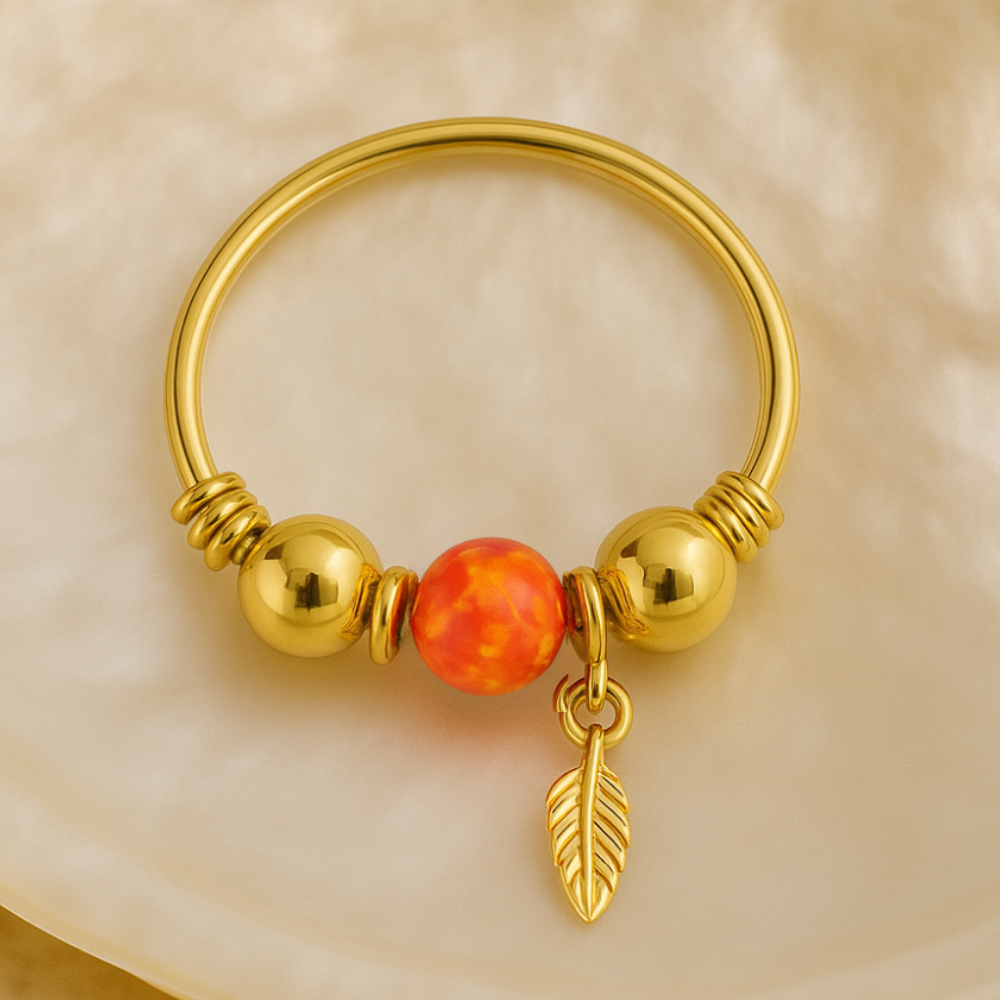 14K Gold Opal Bead with Leaf Charm Nose Hoop Ring - Monster Piercing