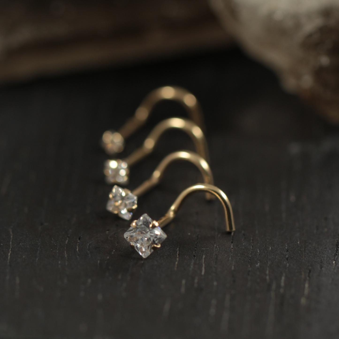 14K Gold Square CZ Jewelled Nose Screw - Monster Piercing