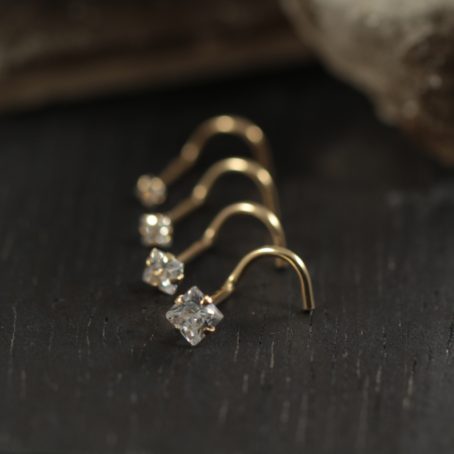 14K Gold Square CZ Jewelled Nose Screw - Monster Piercing