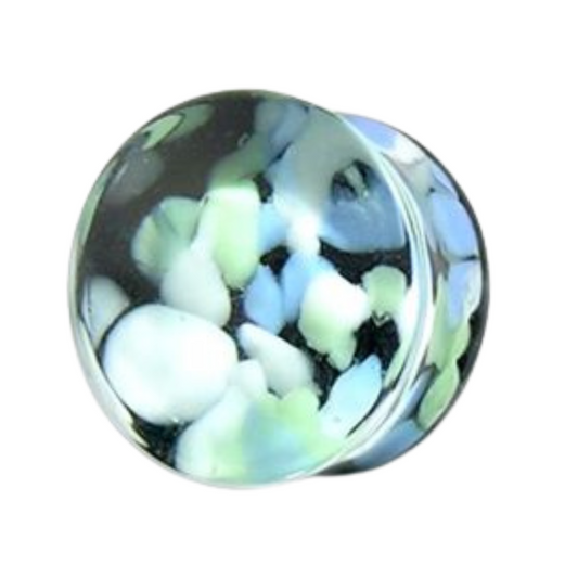 Pyrex Glass Marine & Black Pebble Ear Plug with multicolor pebble design in green, blue, and white tones for stretched ears.