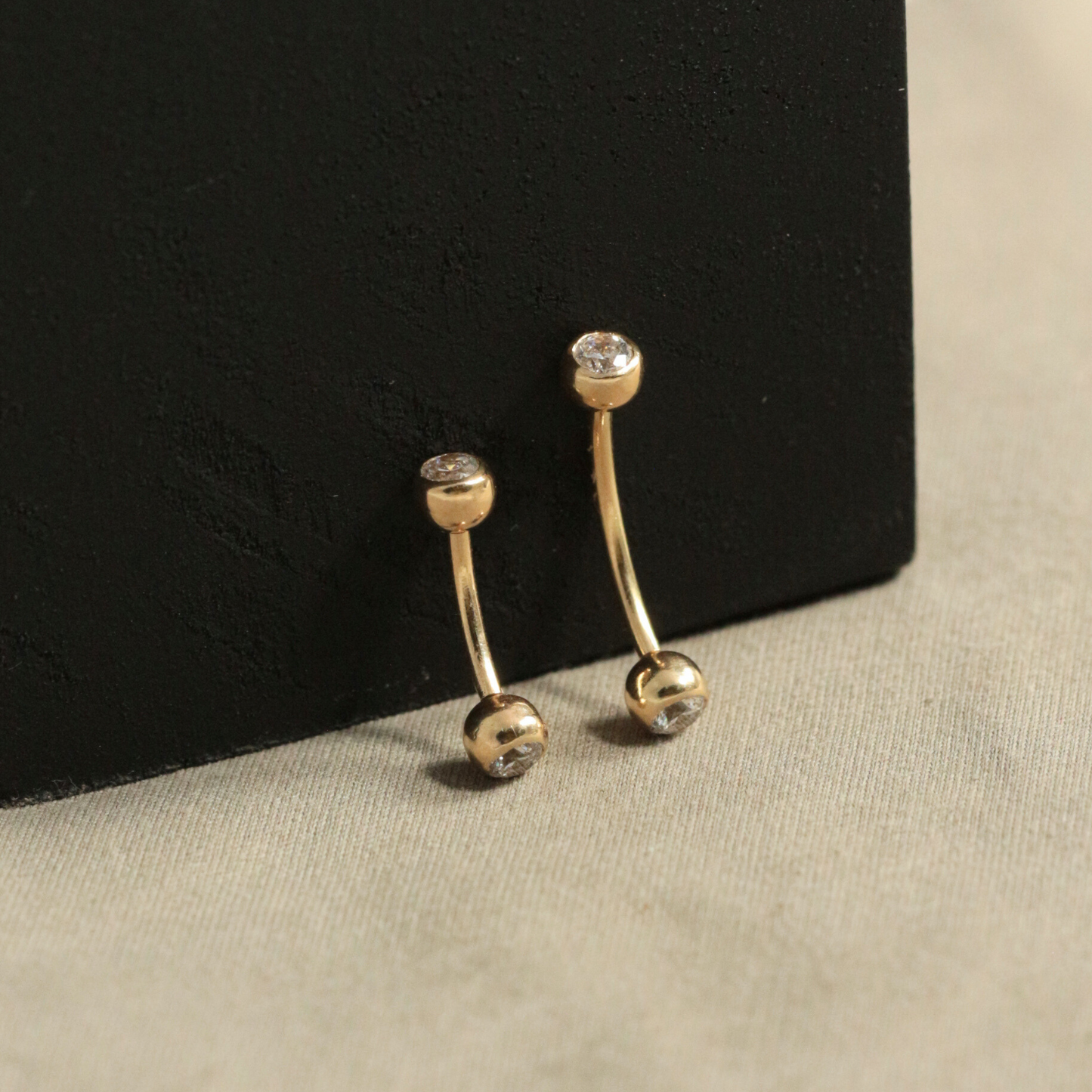 14K Solid Yellow Gold Internally Threaded Eyebrow Piercing Bar with CZ Jewelled Top - Monster Piercing