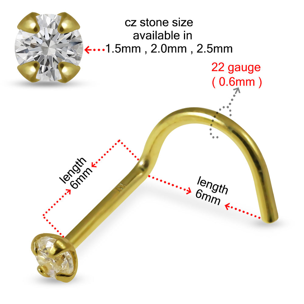 18K Gold CZ Jewelled Screw Nose Stud - Monster Piercing