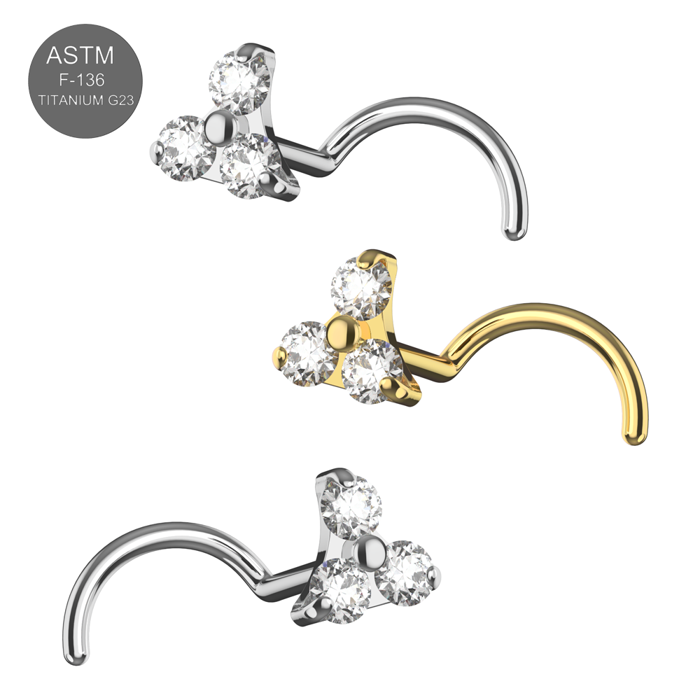 G23 Grade Titanium Tri CZ Jewelled Nose Screw - Monster Piercing