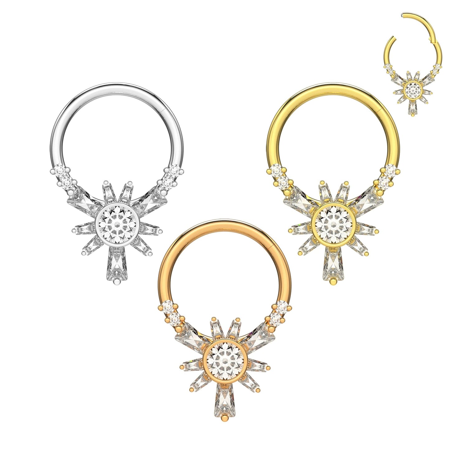 316L Surgical Steel Cubic Zirconia Jewelled Hinged Segment Clicker Ring - Monster Piercing