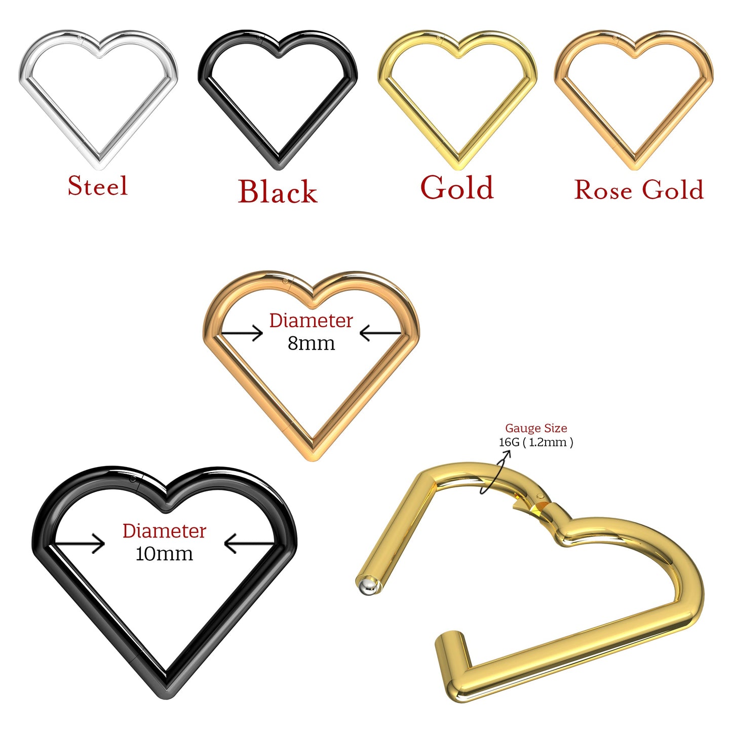 316L Surgical Steel Heart Hinged Segment Clicker Ring - Monster Piercing