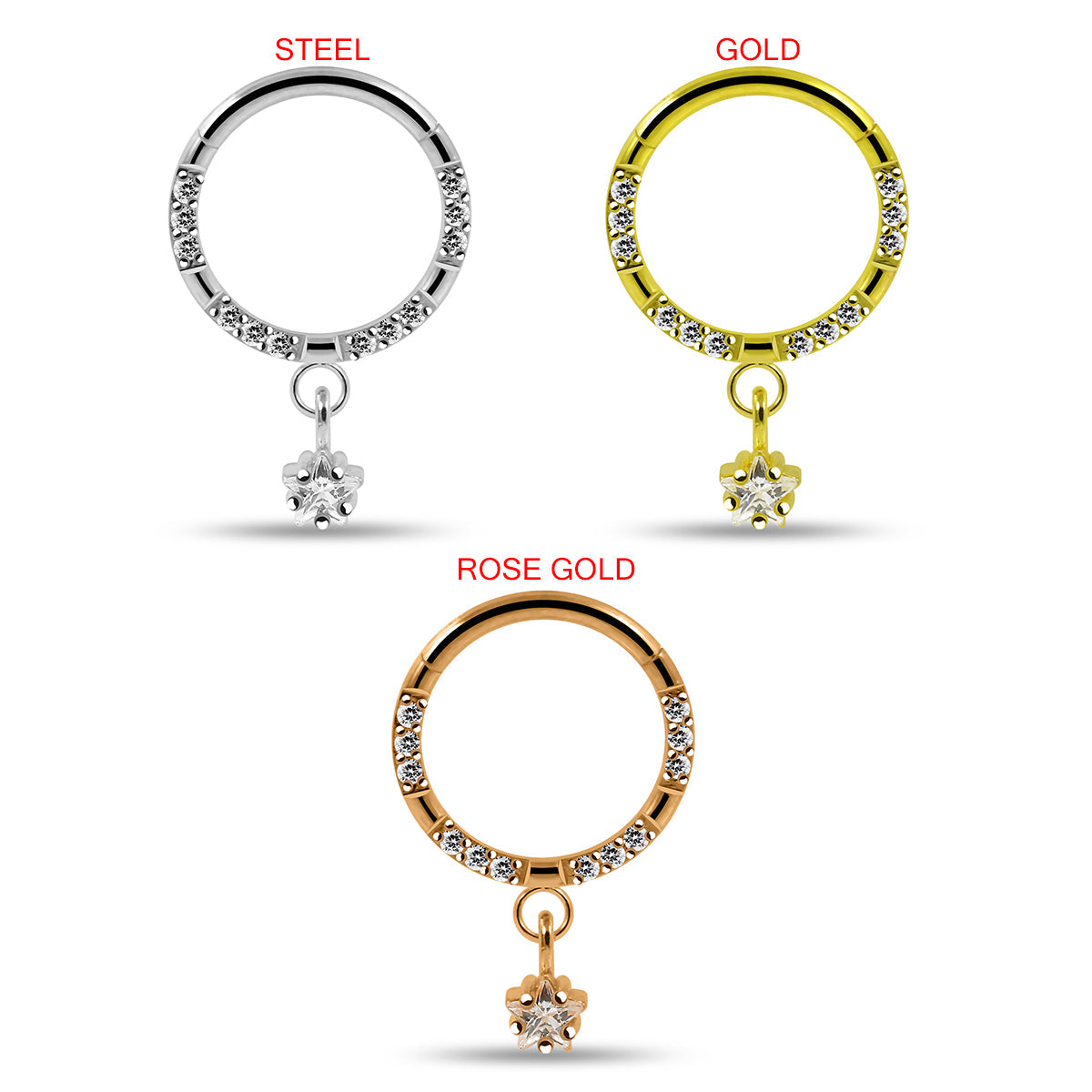 316L Surgical Steel CZ Jewelled Dangling Star Hinged Segment Clicker Hoop - Monster Piercing