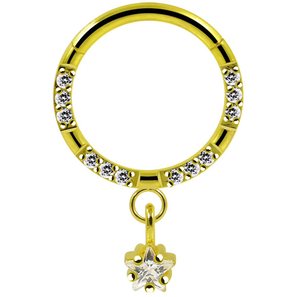 316L Surgical Steel CZ Jewelled Dangling Star Hinged Segment Clicker Hoop - Monster Piercing