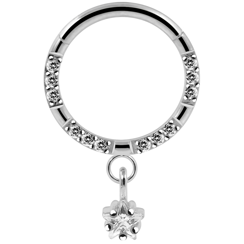 316L Surgical Steel CZ Jewelled Dangling Star Hinged Segment Clicker Hoop - Monster Piercing