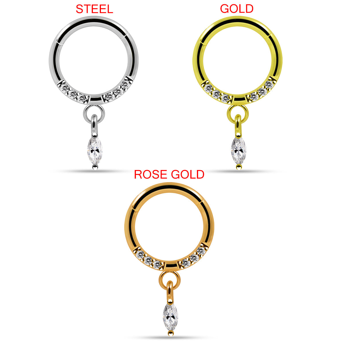 316L Surgical Steel CZ Jewelled Dangling Marquise Hinged Segment Clicker - Monster Piercing