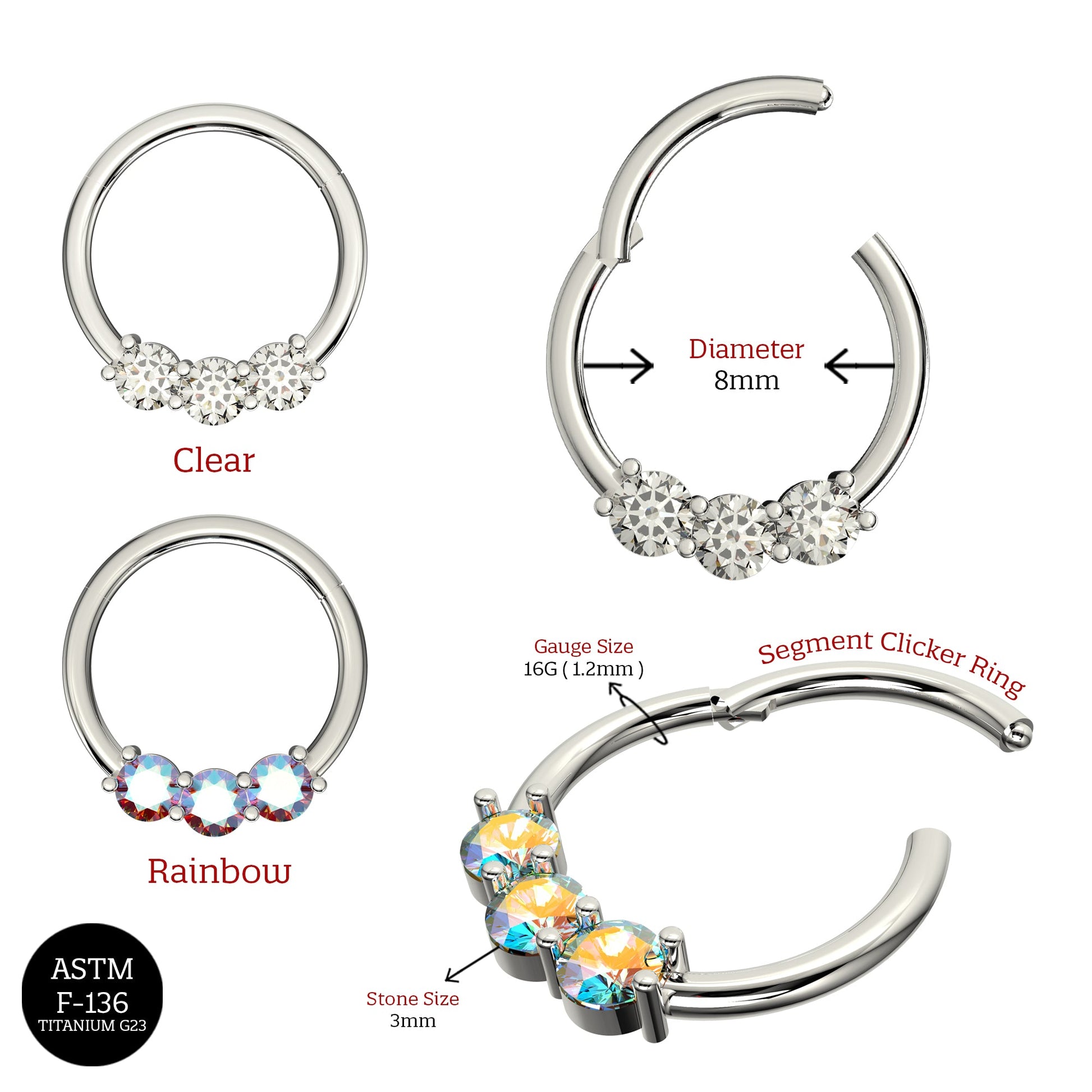 G23 Titanium Tri-Jewelled Hinged Segment Clicker Ring - Monster Piercing