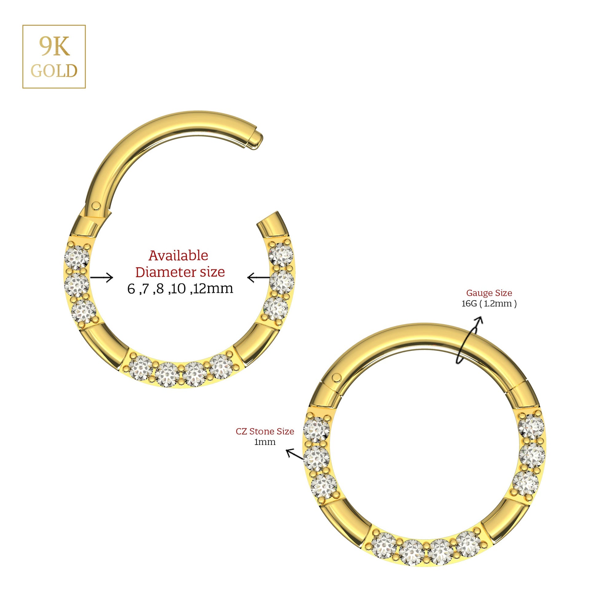 9K Gold Cubic Zirconia Hinged Segment Clicker Ring - Monster Piercing