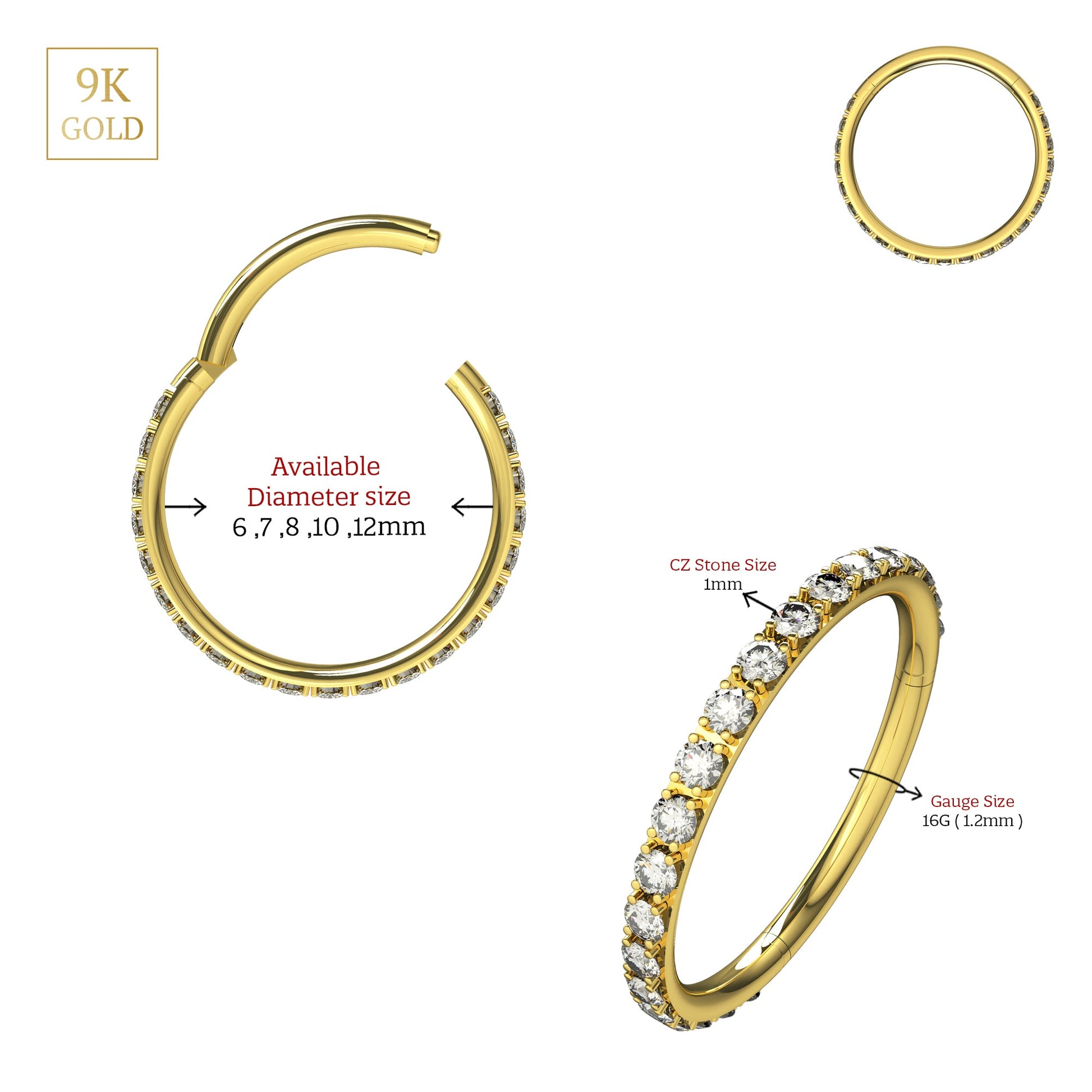 9K Gold Continuous Cubic Zirconia Hinged Segment Clicker Ring - Monster Piercing