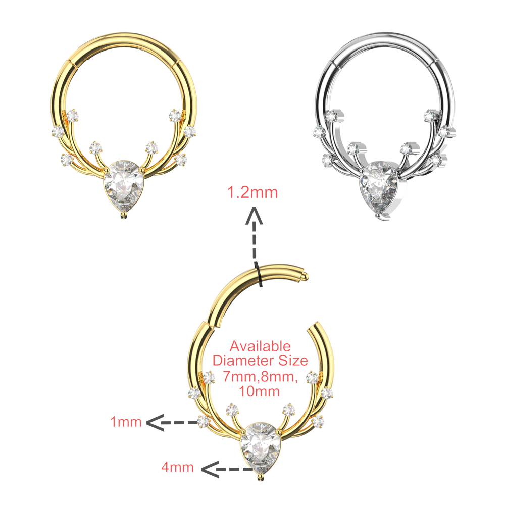 316L Surgical Steel CZ Jewelled Antler Hinged Segment Clicker Ring - Monster Piercing