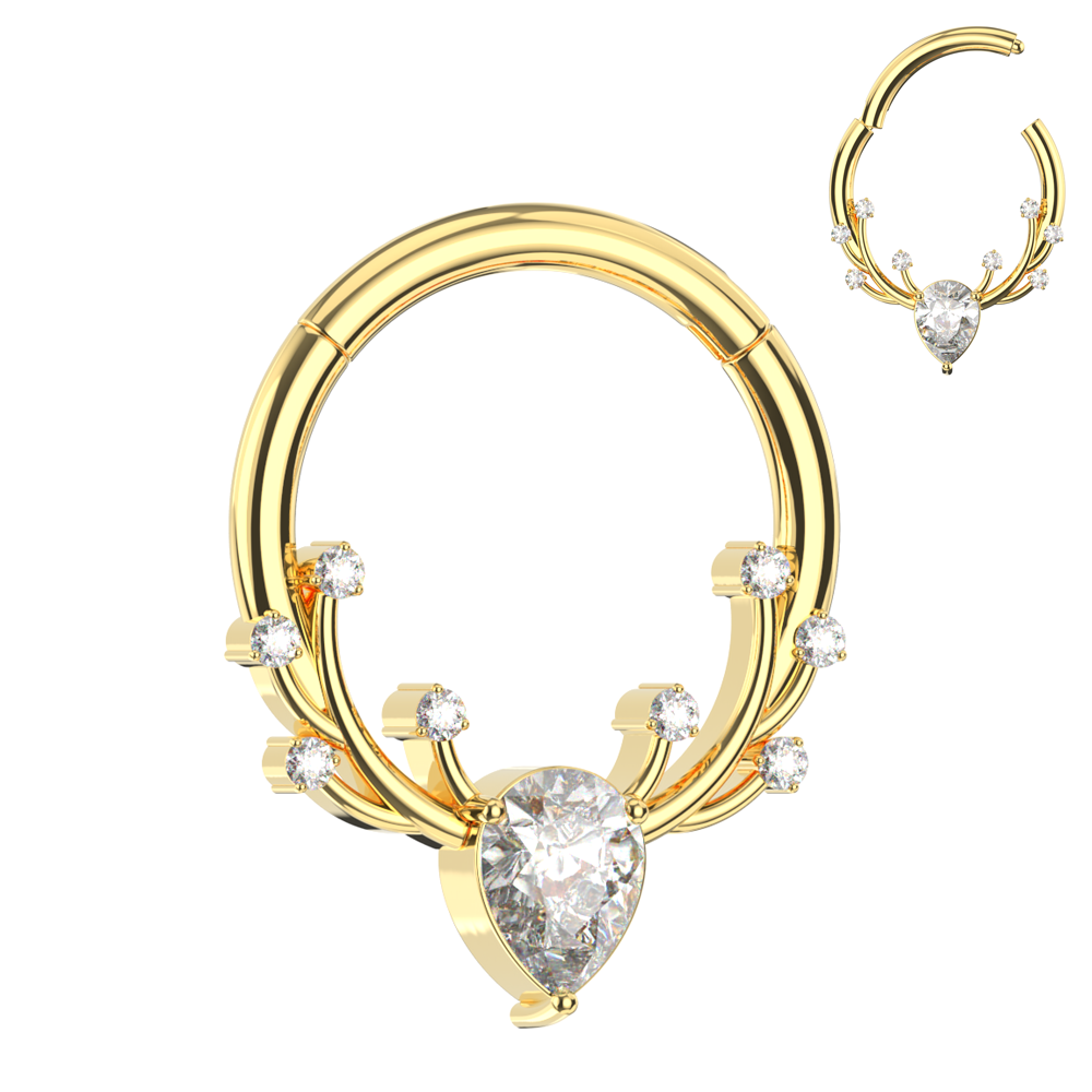 316L Surgical Steel CZ Jewelled Antler Hinged Segment Clicker Ring - Monster Piercing