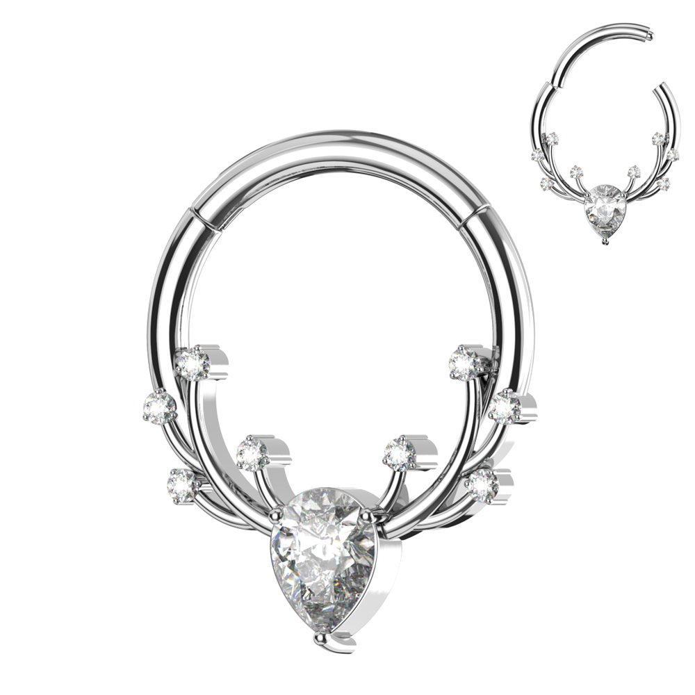 316L Surgical Steel CZ Jewelled Antler Hinged Segment Clicker Ring - Monster Piercing