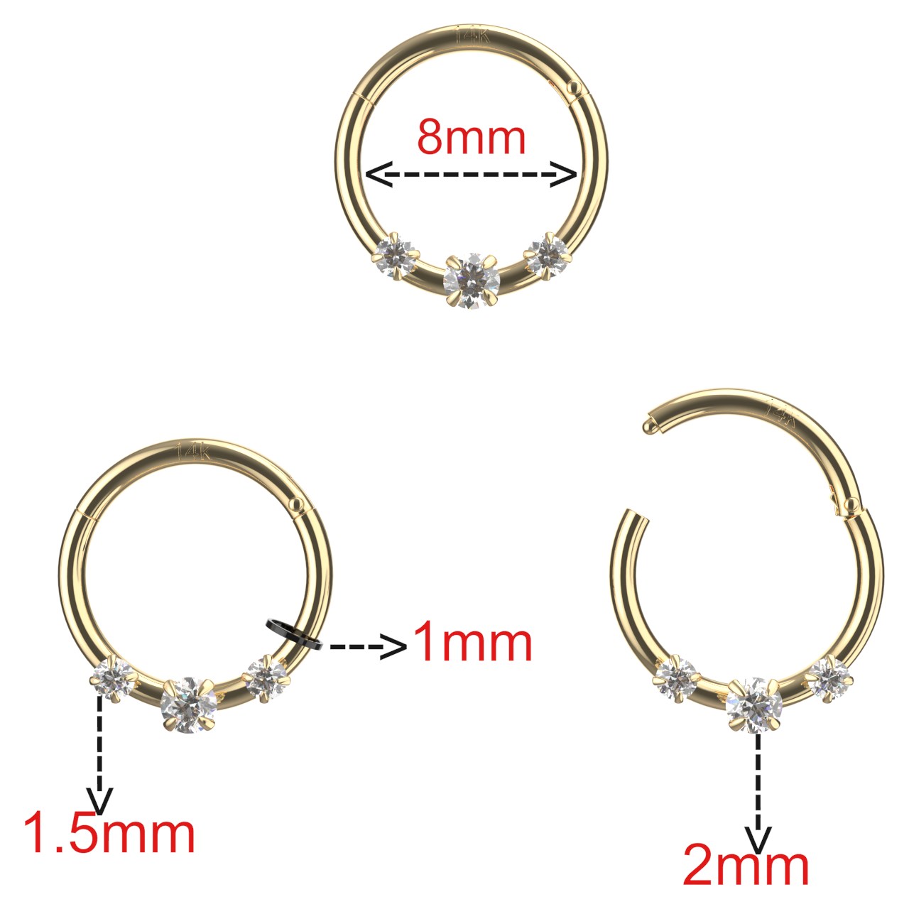 14K Gold Triple CZ Hinged Segment Clicker Ring - Monster Piercing