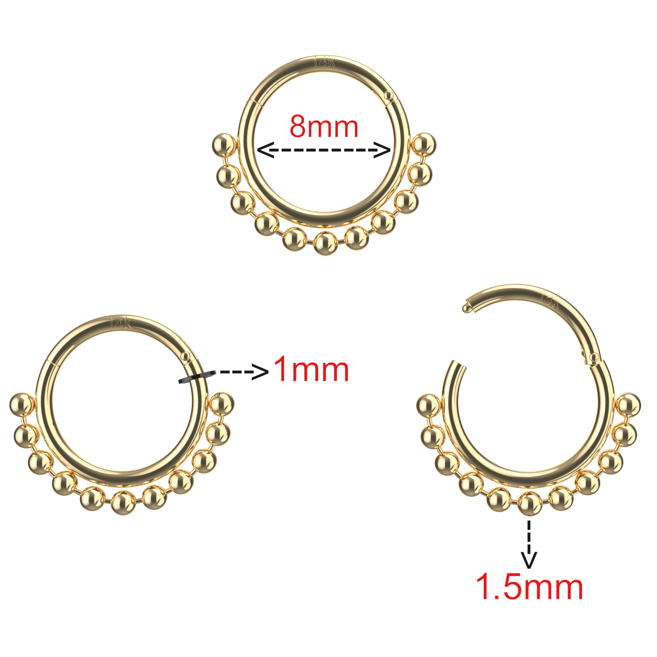 14K Gold Tribal Paved Balls Hinged Segment Clicker Ring - Monster Piercing