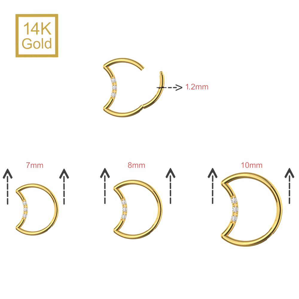 14K Gold Round CZ Jewelled Crescent Segment Clicker Ring - Monster Piercing