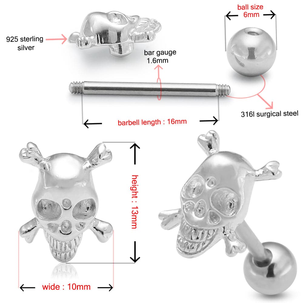Detailed diagram of 925 Sterling Silver Crossbone Tongue Ring showing skull size, barbell length, and material specs for body jewelry shoppers.