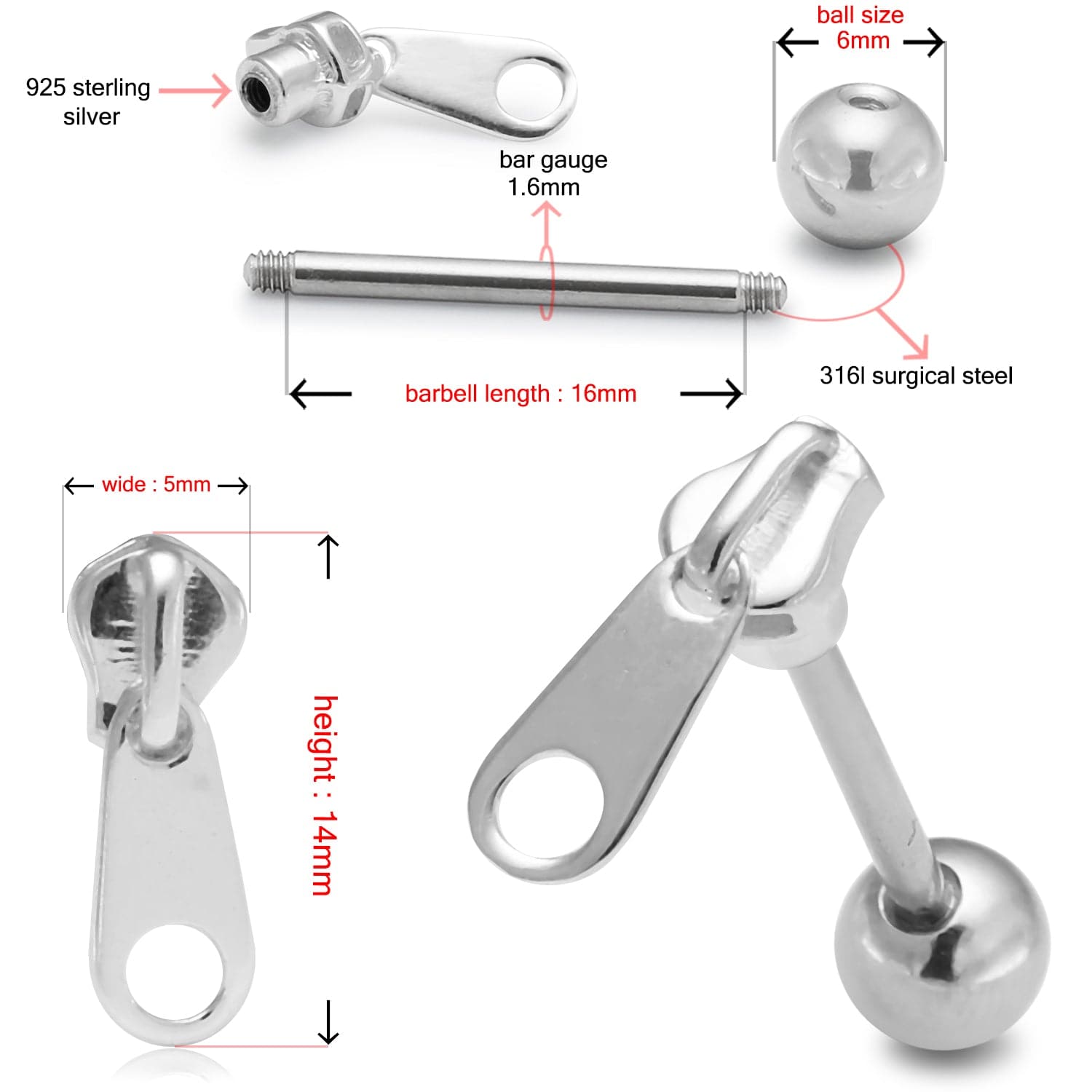 925 Sterling Silver Zipper Tongue Ring - Monster Piercing