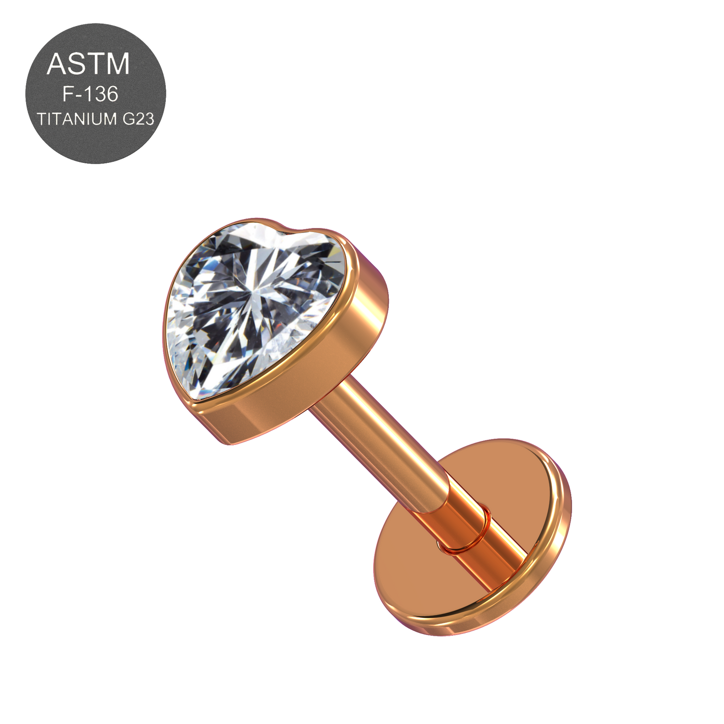 G23 Titanium Heart CZ Jewelled  Threadless Push-Fit Flatback Stud - Monster Piercing