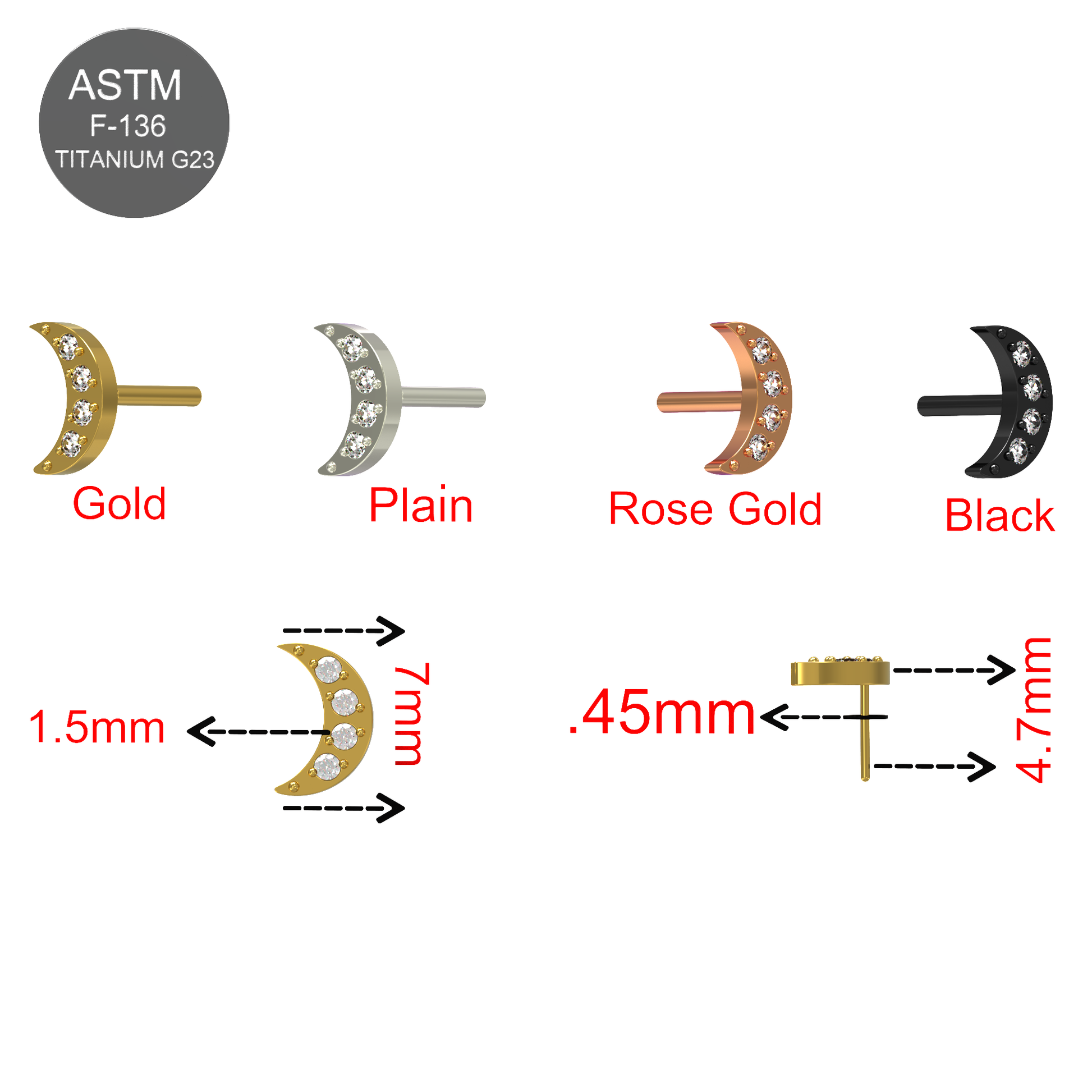 G23 Titanium CZ Jewelled Crescent Threadless Push-fit Top - Monster Piercing