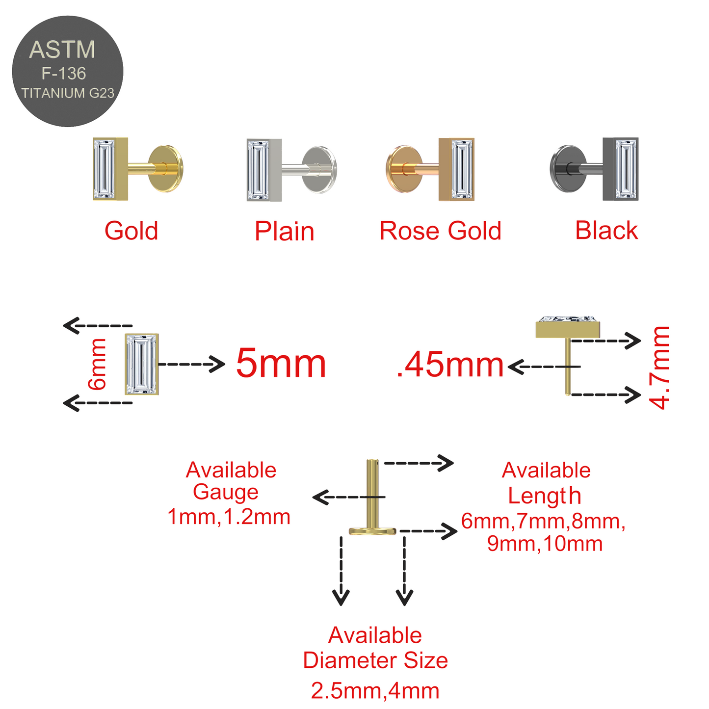 G23 Titanium Baguette CZ Jewelled Push-Fit Flatback Stud - Monster Piercing