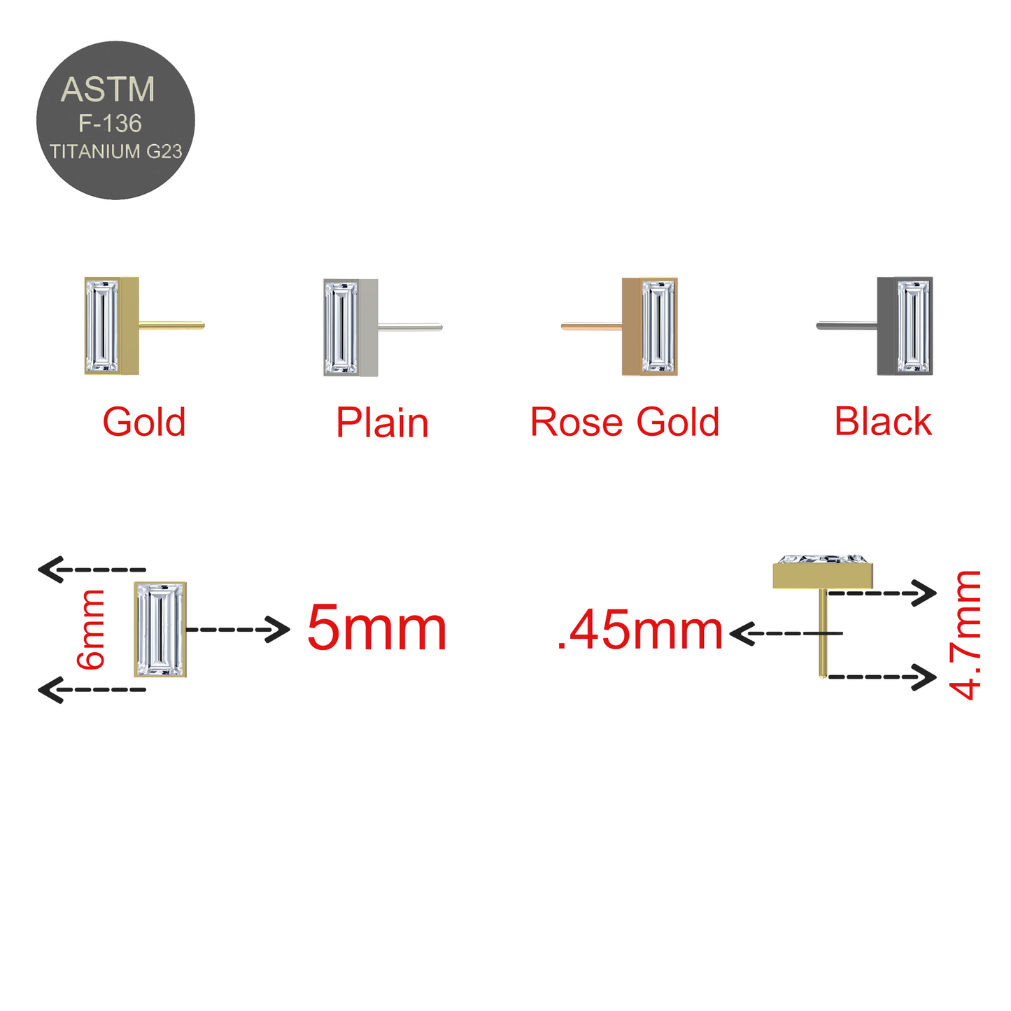 G23 Titanium CZ Jewelled Baguette Threadless Push-fit Top