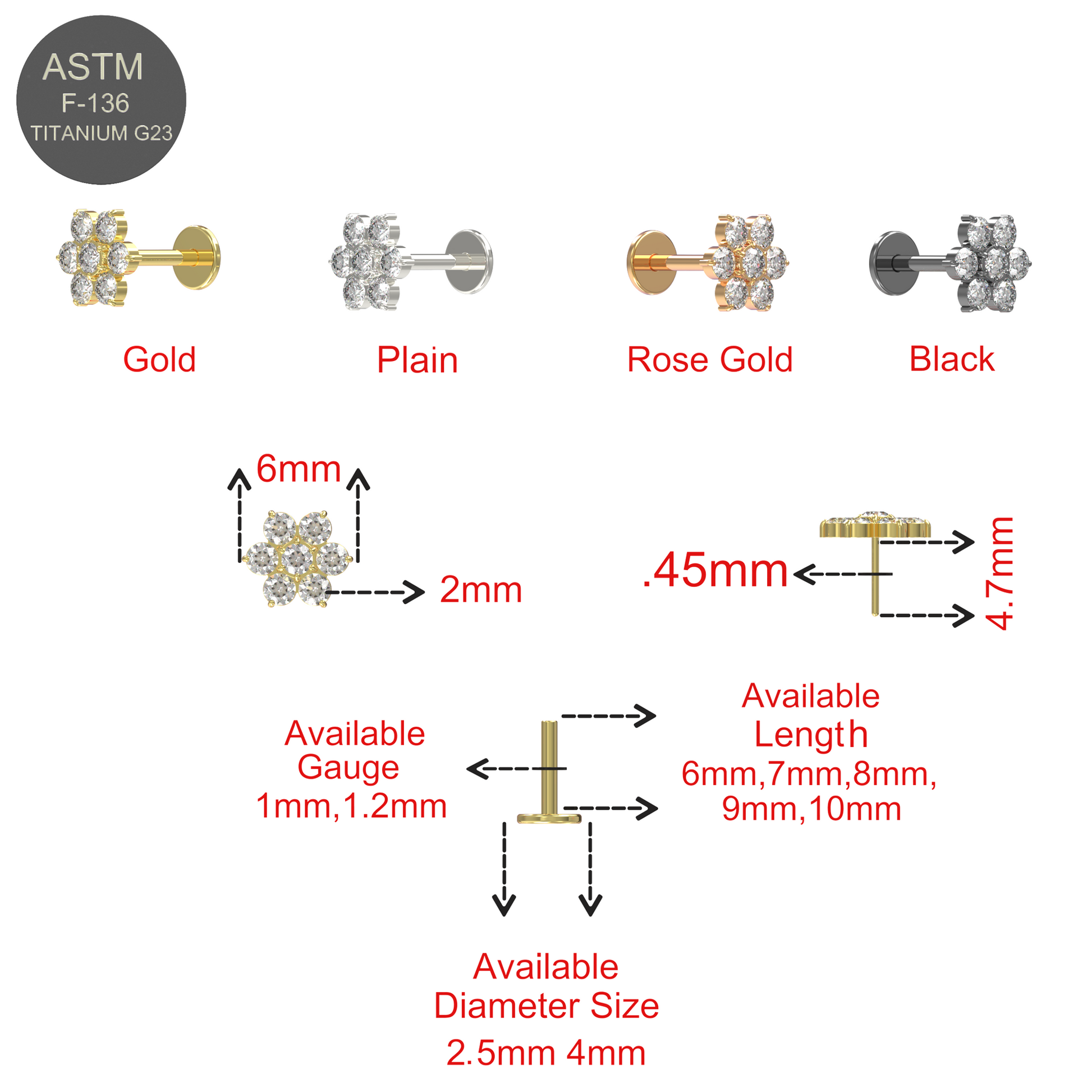 G23 Titanium CZ Jewelled Flower Push-Fit Flatback Stud - Monster Piercing