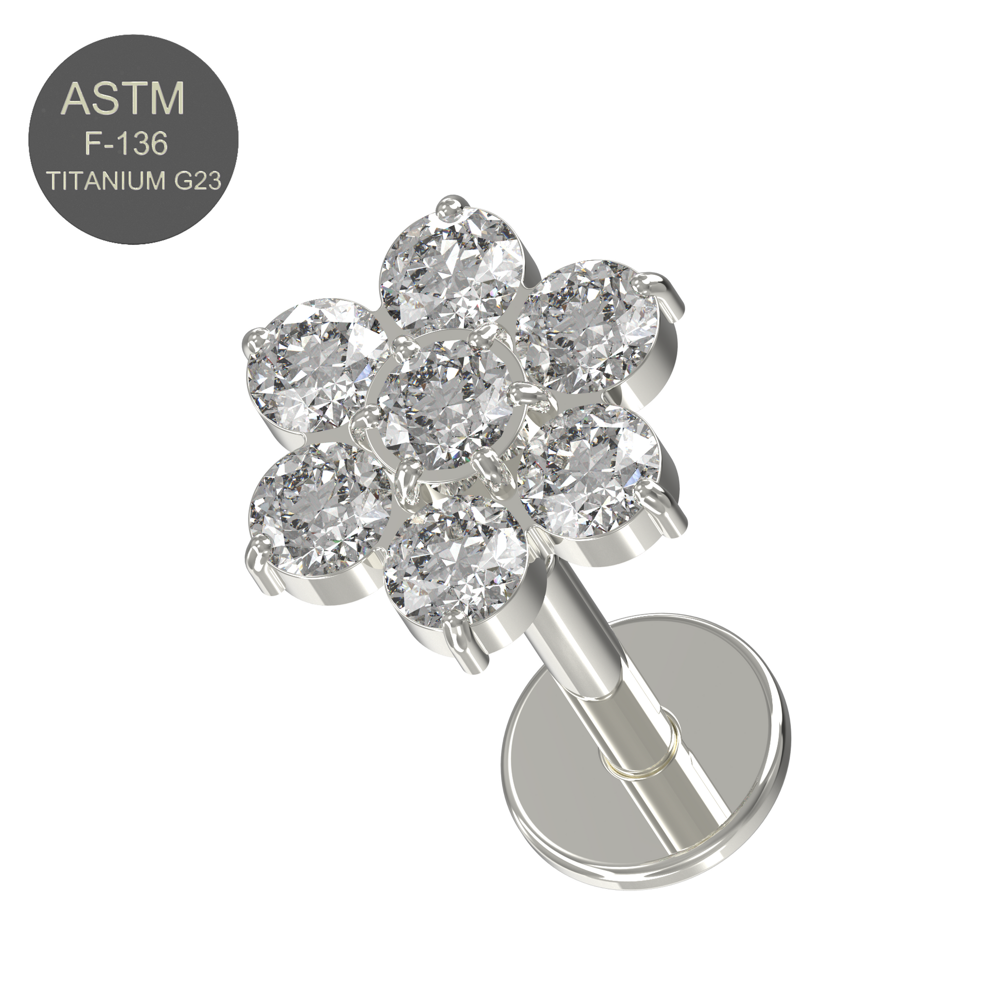 G23 Titanium CZ Jewelled Flower Push-Fit Flatback Stud - Monster Piercing