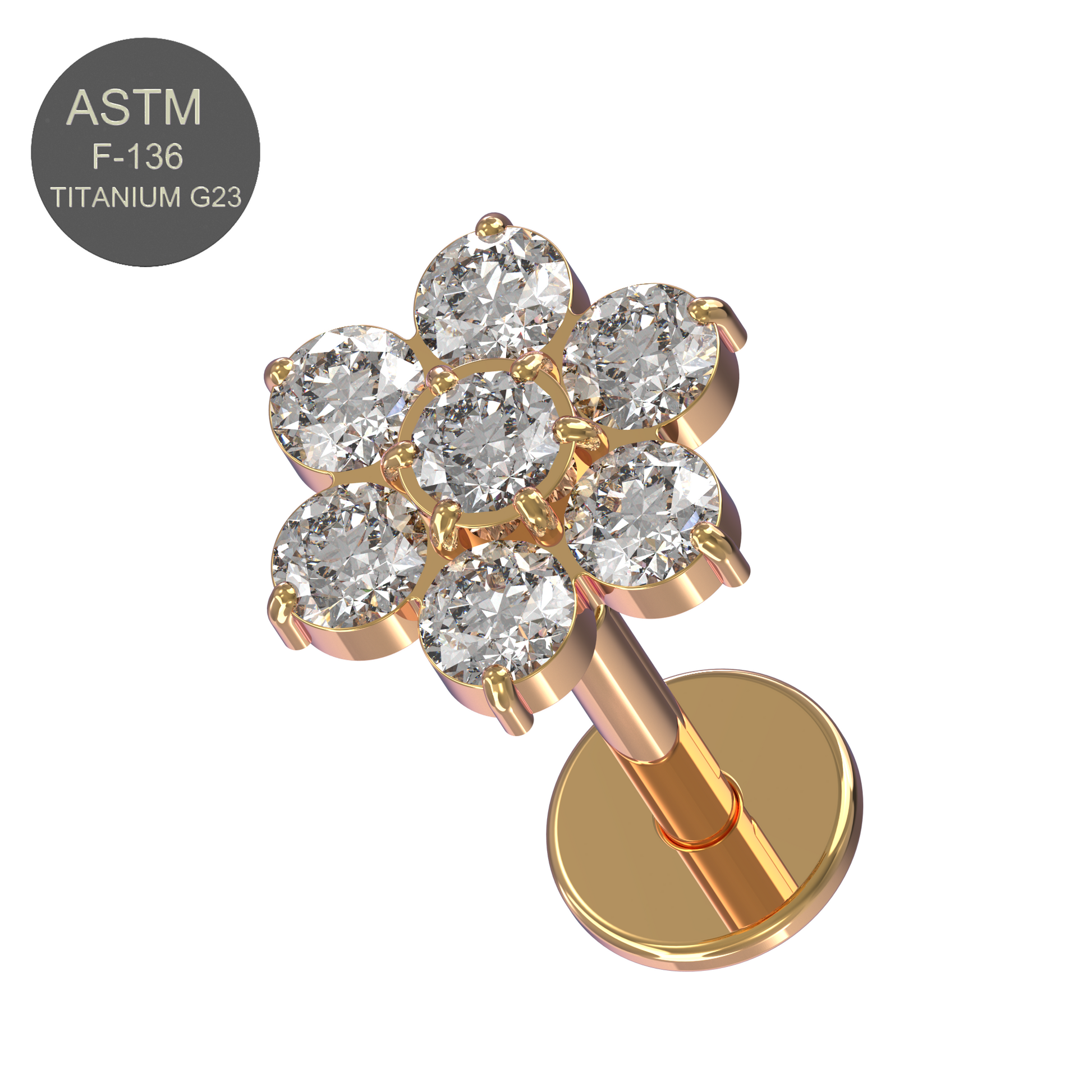 G23 Titanium CZ Jewelled Flower Push-Fit Flatback Stud - Monster Piercing